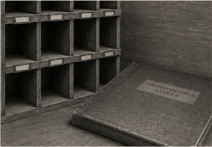 A wall of wooden mail cubbies beside a leather-bound correspondence ledger.